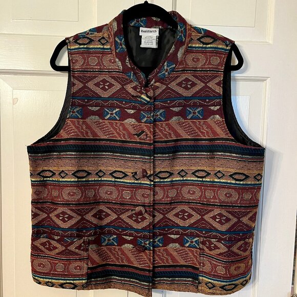 VINTAGE Tapestry Southwestern Stand up Collar Button Vest Waistcoat‎ Sz Medium P - Picture 1 of 7